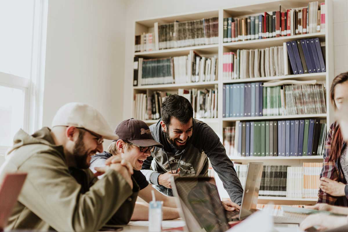 Students collaborating around a table